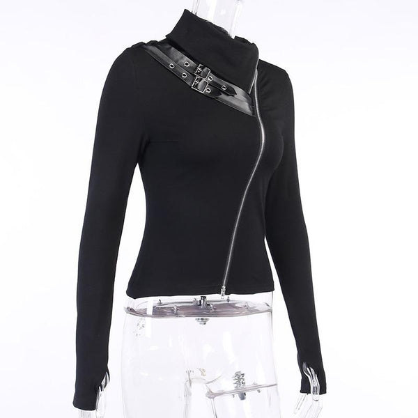 Black Women Gothic Streetwear / Sexy Doubt Zipper Turtleneck Long Sleeve Tops