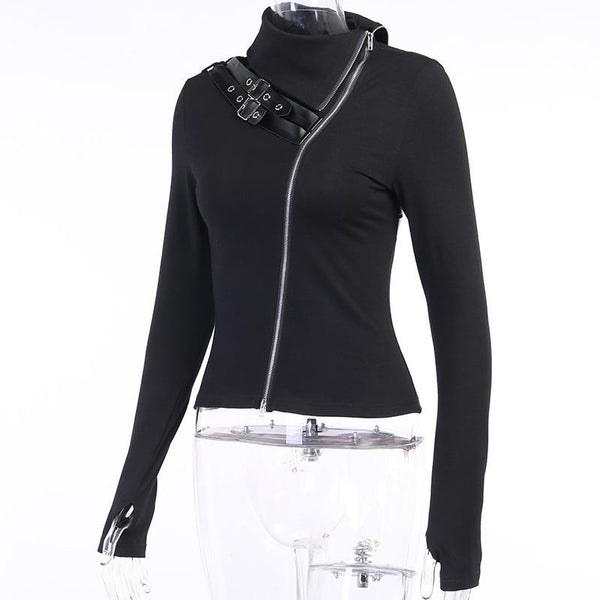 Black Women Gothic Streetwear / Sexy Doubt Zipper Turtleneck Long Sleeve Tops