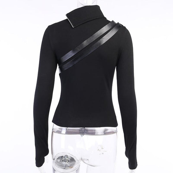 Black Women Gothic Streetwear / Sexy Doubt Zipper Turtleneck Long Sleeve Tops