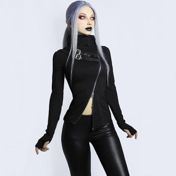 Black Women Gothic Streetwear / Sexy Doubt Zipper Turtleneck Long Sleeve Tops