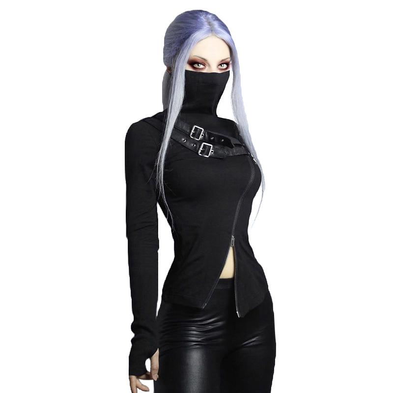 Black Women Gothic Streetwear / Sexy Doubt Zipper Turtleneck Long Sleeve Tops