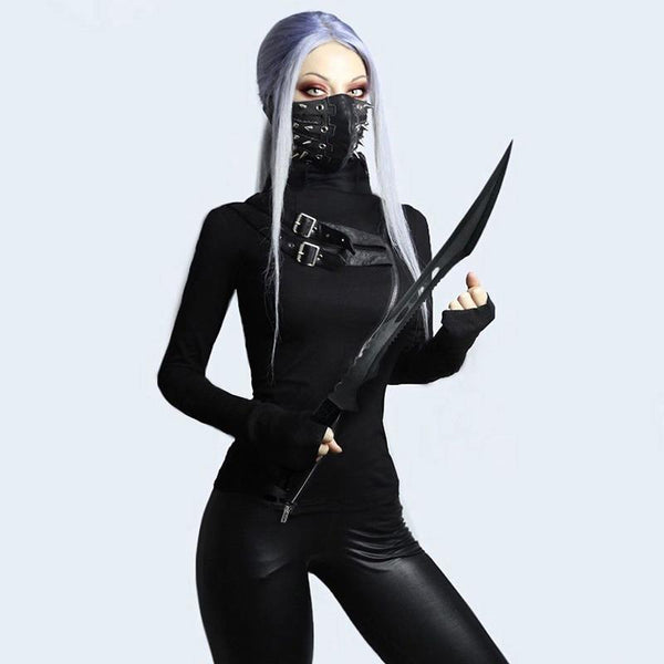 Black Women Gothic Streetwear / Sexy Doubt Zipper Turtleneck Long Sleeve Tops