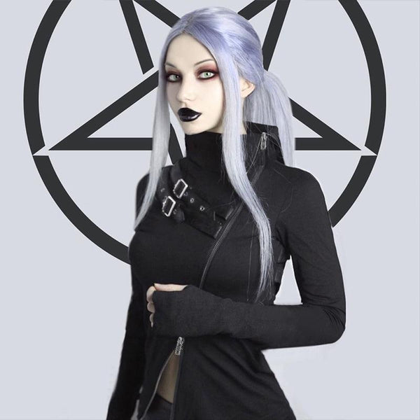 Black Women Gothic Streetwear / Sexy Doubt Zipper Turtleneck Long Sleeve Tops