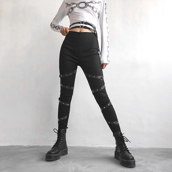 Black Women Leggings in Gothic Style / High Waist Female Pants Ribbon With Rivet Patchwork