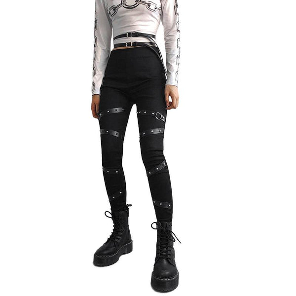 Black Women Leggings in Gothic Style / High Waist Female Pants Ribbon With Rivet Patchwork