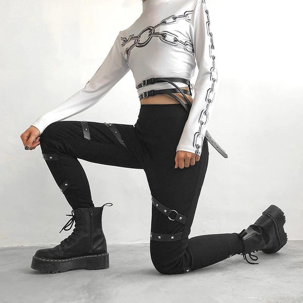 Black Women Leggings in Gothic Style / High Waist Female Pants Ribbon With Rivet Patchwork