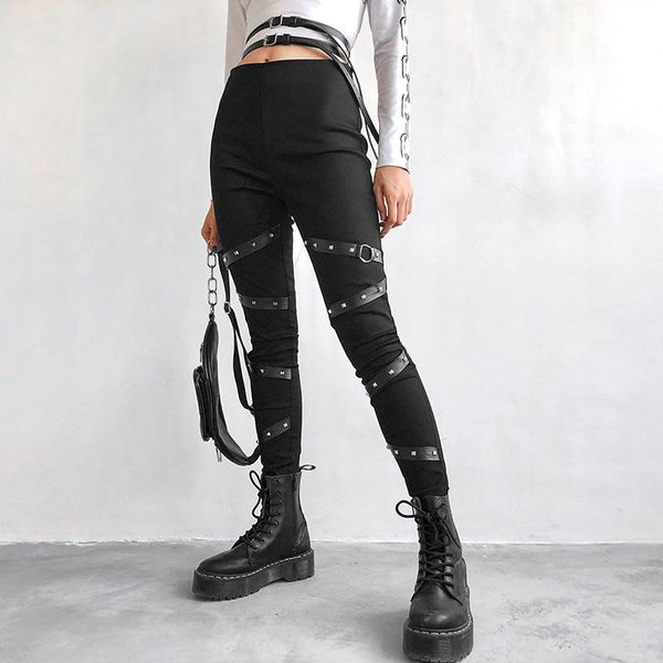 Black Women Leggings in Gothic Style / High Waist Female Pants Ribbon With Rivet Patchwork