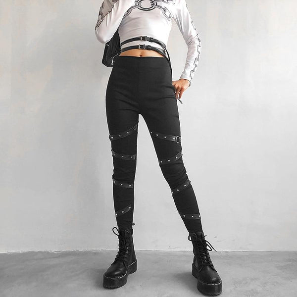 Black Women Leggings in Gothic Style / High Waist Female Pants Ribbon With Rivet Patchwork