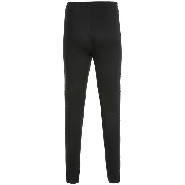 Black Women Leggings in Gothic Style / High Waist Female Pants Ribbon With Rivet Patchwork