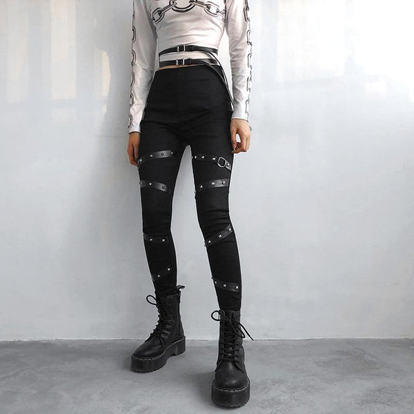 Black Women Leggings in Gothic Style / High Waist Female Pants Ribbon With Rivet Patchwork