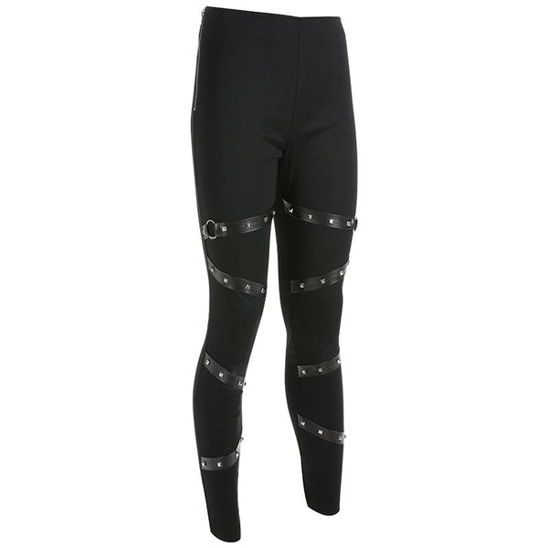 Black Women Leggings in Gothic Style / High Waist Female Pants Ribbon With Rivet Patchwork