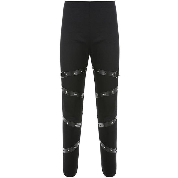 Black Women Leggings in Gothic Style / High Waist Female Pants Ribbon With Rivet Patchwork