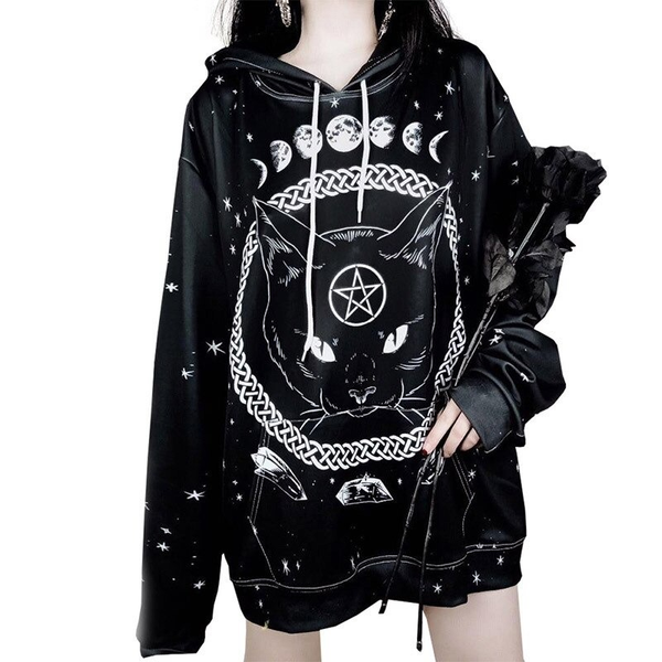 Black Women's Hooded Sweatshirt with Cat Moon Pentacle Print / Gothic Oversized Outfits