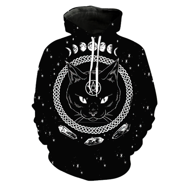 Black Women's Hooded Sweatshirt with Cat Moon Pentacle Print / Gothic Oversized Outfits