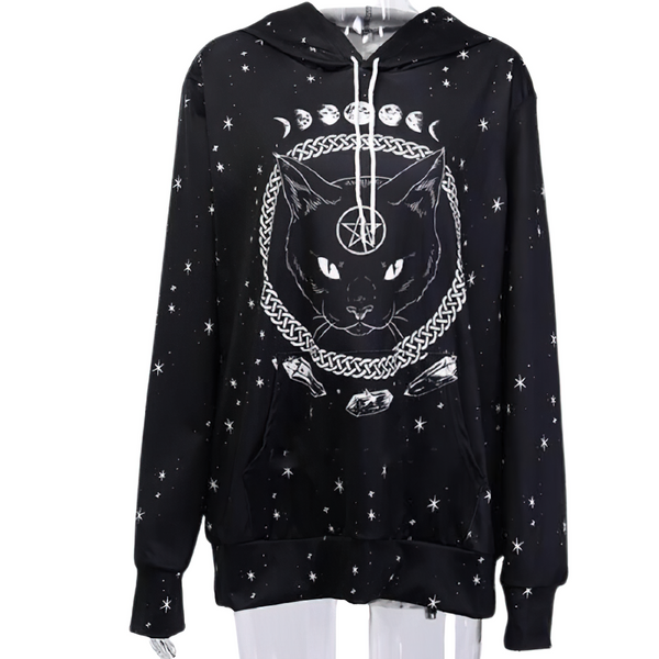 Black Women's Hooded Sweatshirt with Cat Moon Pentacle Print / Gothic Oversized Outfits