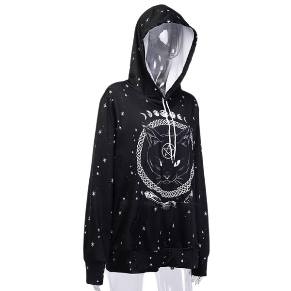 Black Women's Hooded Sweatshirt with Cat Moon Pentacle Print / Gothic Oversized Outfits