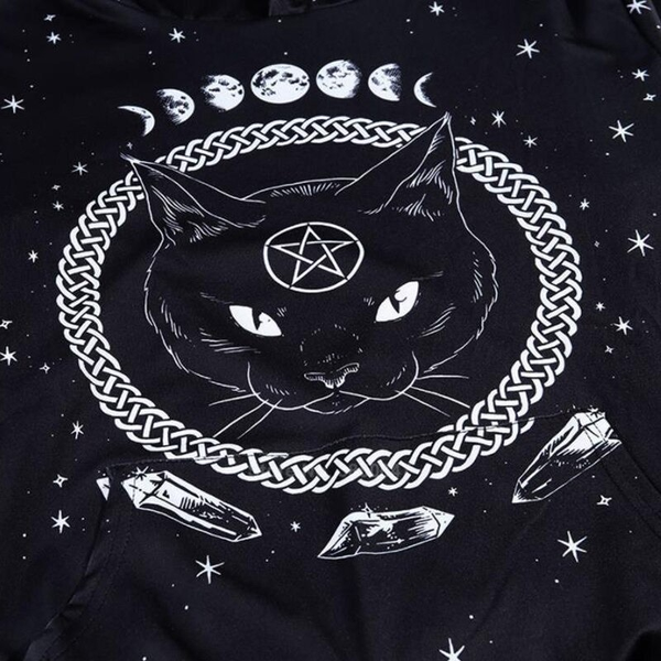 Black Women's Hooded Sweatshirt with Cat Moon Pentacle Print / Gothic Oversized Outfits