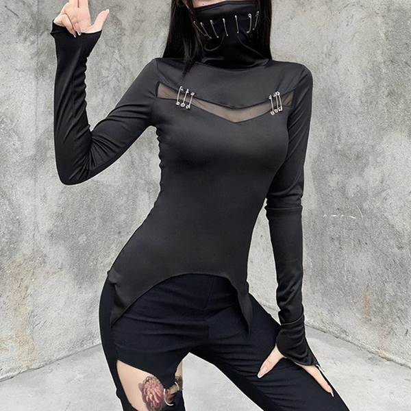 Black Women's T-Shirt in Gothic Style / Long Sleeve T-Shirt with Mask