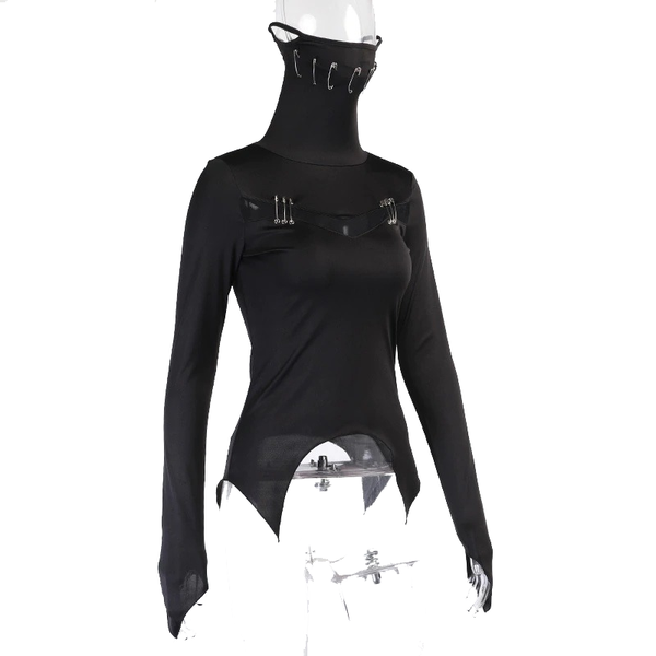 Black Women's T-Shirt in Gothic Style / Long Sleeve T-Shirt with Mask