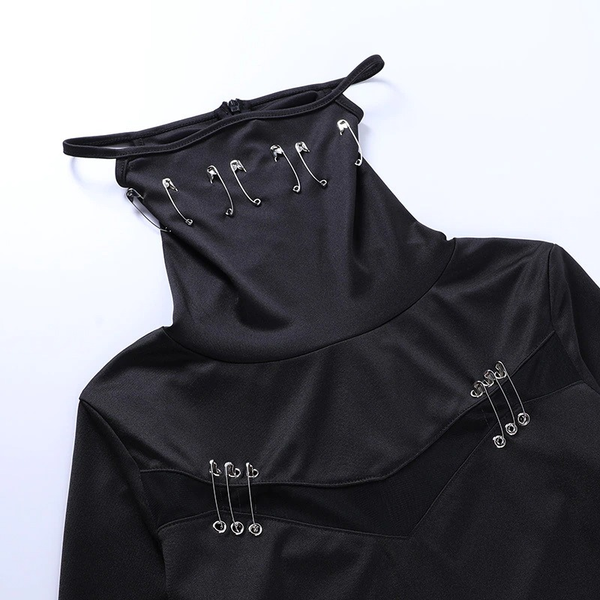 Black Women's T-Shirt in Gothic Style / Long Sleeve T-Shirt with Mask