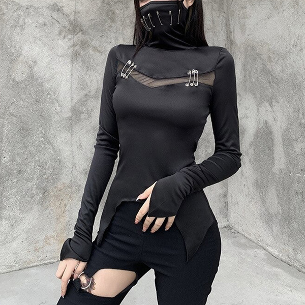 Black Women's T-Shirt in Gothic Style / Long Sleeve T-Shirt with Mask