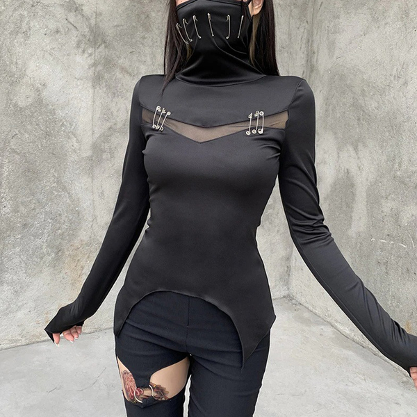 Black Women's T-Shirt in Gothic Style / Long Sleeve T-Shirt with Mask