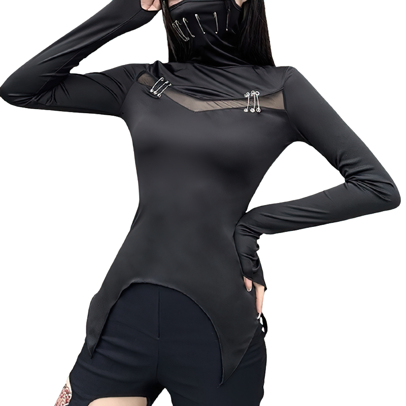 Black Women's T-Shirt in Gothic Style / Long Sleeve T-Shirt with Mask