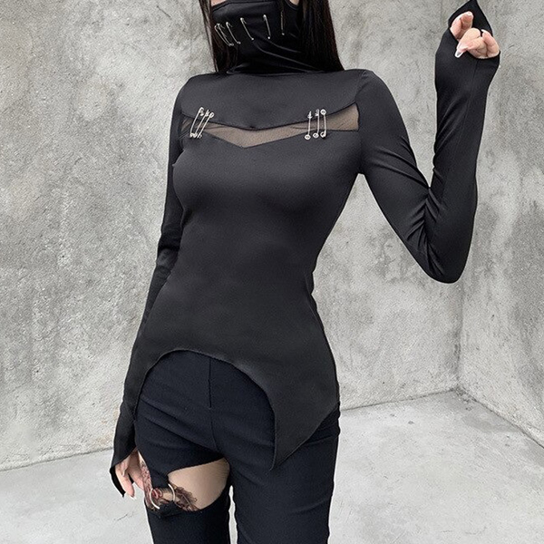 Black Women's T-Shirt in Gothic Style / Long Sleeve T-Shirt with Mask