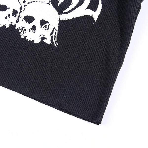 Casual Tank Top For Women In Gothic Style / Black Top With Skull Print And Ruffle