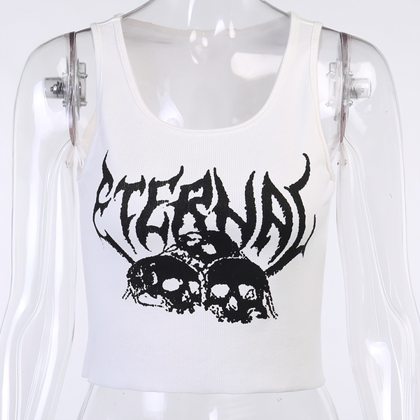 Casual Tank Top For Women In Gothic Style / Black Top With Skull Print And Ruffle