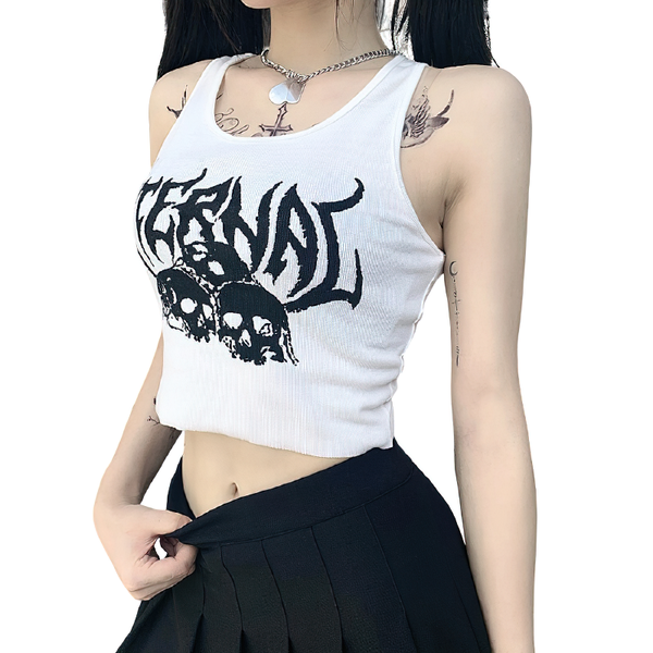 Casual Tank Top For Women In Gothic Style / Black Top With Skull Print And Ruffle