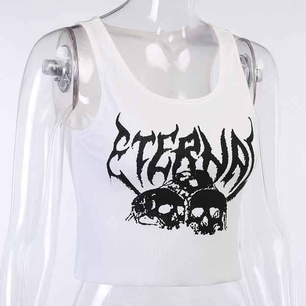 Casual Tank Top For Women In Gothic Style / Black Top With Skull Print And Ruffle