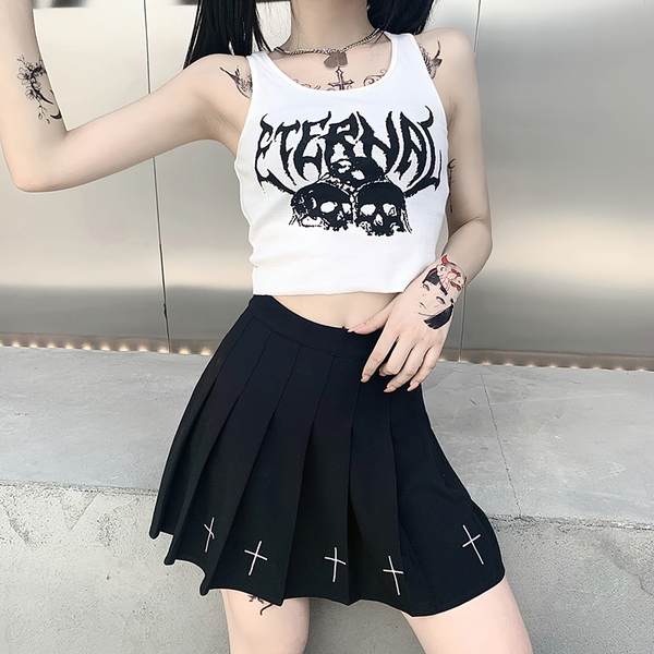 Casual Tank Top For Women In Gothic Style / Black Top With Skull Print And Ruffle