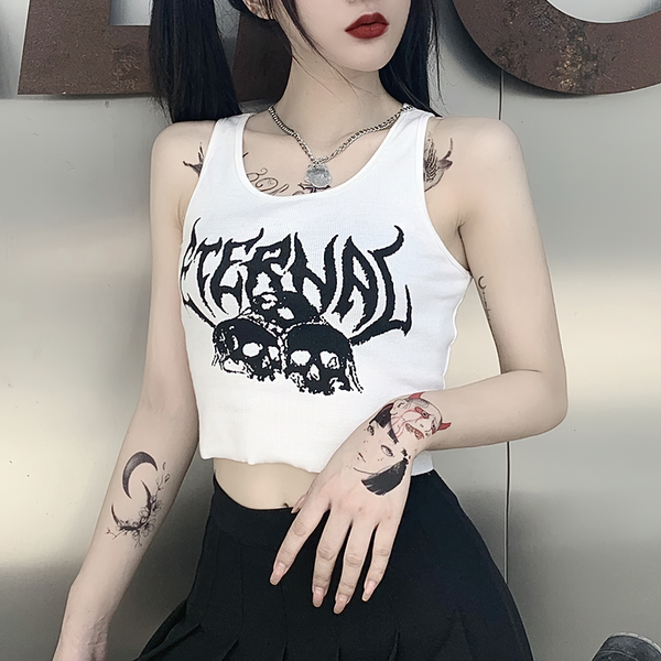 Casual Tank Top For Women In Gothic Style / Black Top With Skull Print And Ruffle