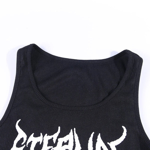 Casual Tank Top For Women In Gothic Style / Black Top With Skull Print And Ruffle