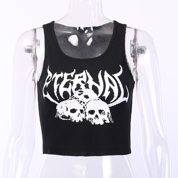 Casual Tank Top For Women In Gothic Style / Black Top With Skull Print And Ruffle