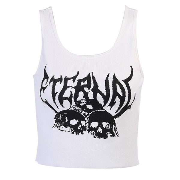 Casual Tank Top For Women In Gothic Style / Black Top With Skull Print And Ruffle