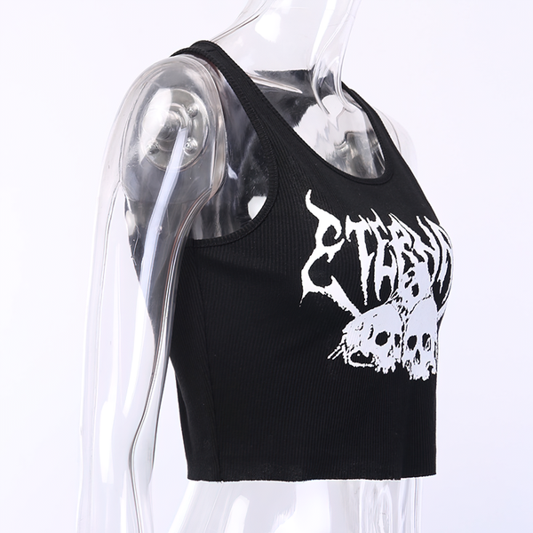 Casual Tank Top For Women In Gothic Style / Black Top With Skull Print And Ruffle