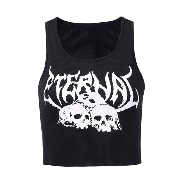 Casual Tank Top For Women In Gothic Style / Black Top With Skull Print And Ruffle