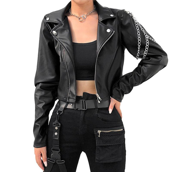 Classic Motorcycle Jacket for Women / Black Short Faux Leather Jacket with Chains