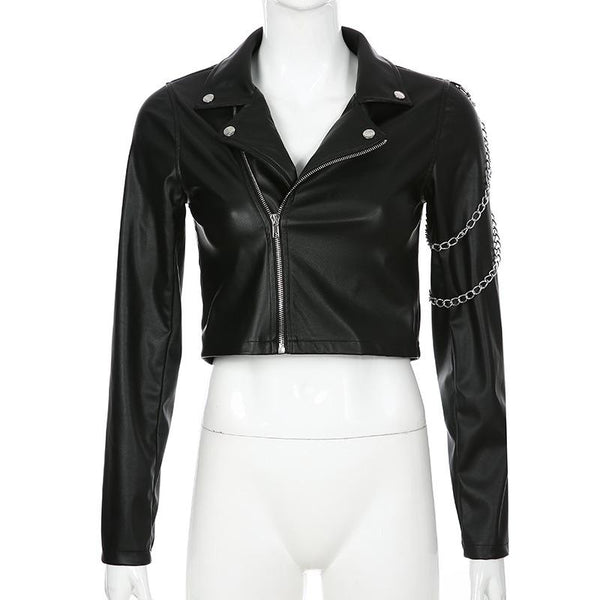 Classic Motorcycle Jacket for Women / Black Short Faux Leather Jacket with Chains