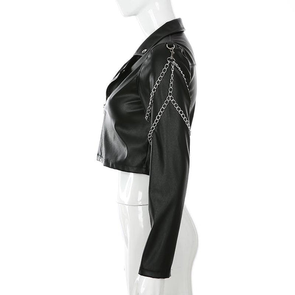 Classic Motorcycle Jacket for Women / Black Short Faux Leather Jacket with Chains