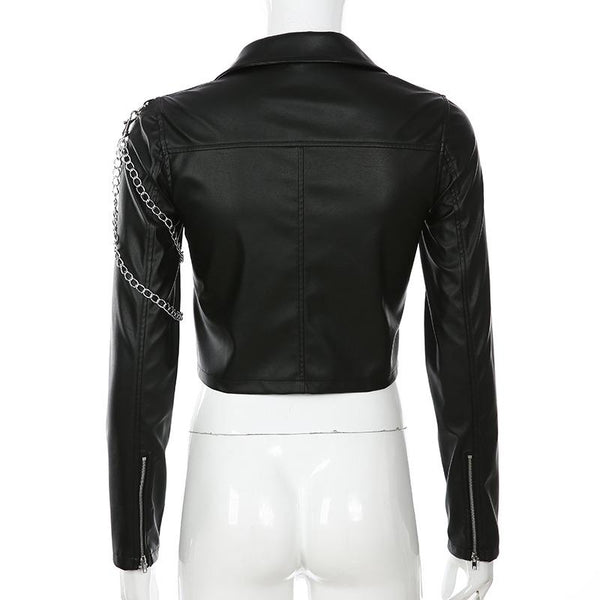 Classic Motorcycle Jacket for Women / Black Short Faux Leather Jacket with Chains