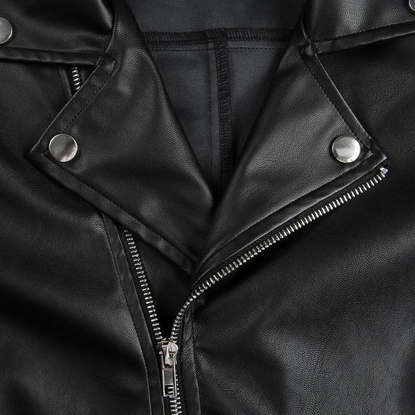 Classic Motorcycle Jacket for Women / Black Short Faux Leather Jacket with Chains