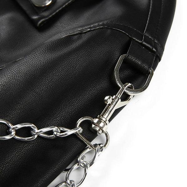 Classic Motorcycle Jacket for Women / Black Short Faux Leather Jacket with Chains