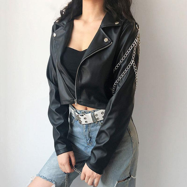 Classic Motorcycle Jacket for Women / Black Short Faux Leather Jacket with Chains