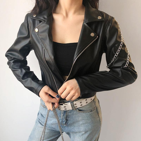 Classic Motorcycle Jacket for Women / Black Short Faux Leather Jacket with Chains