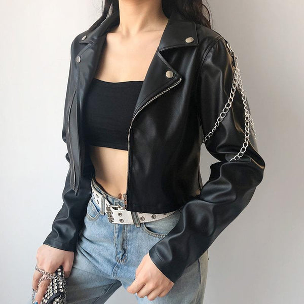 Classic Motorcycle Jacket for Women / Black Short Faux Leather Jacket with Chains