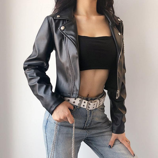 Classic Motorcycle Jacket for Women / Black Short Faux Leather Jacket with Chains