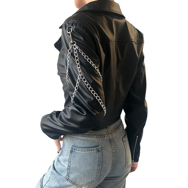 Classic Motorcycle Jacket for Women / Black Short Faux Leather Jacket with Chains